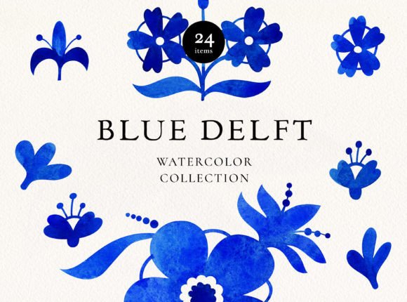 Download Blue Delft Watercolor Floral Elements - Element Collection