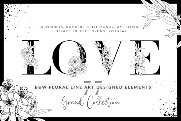 Download Black &amp; White Floral Line Art Alphabets - Black Collection